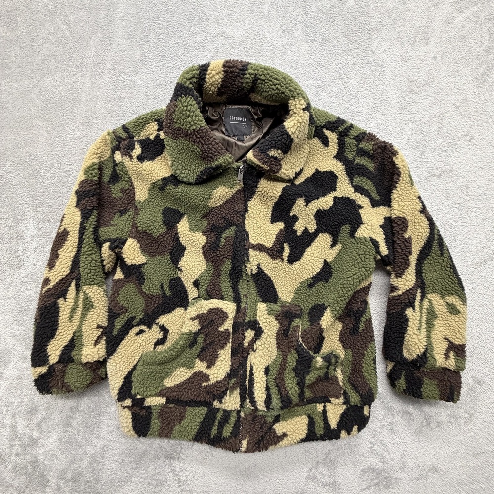 Cotton On Jacket Womens S GREEN Camouflage Sherpa Fleece Lined Full Zip Pockets